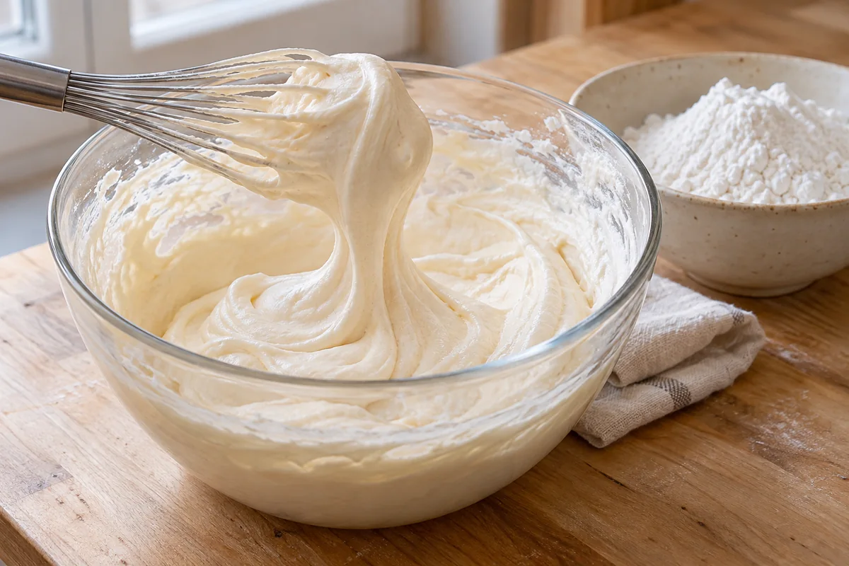 Espuma pálida de huevo y azúcar para Springerle antes de incorporar las harinas
