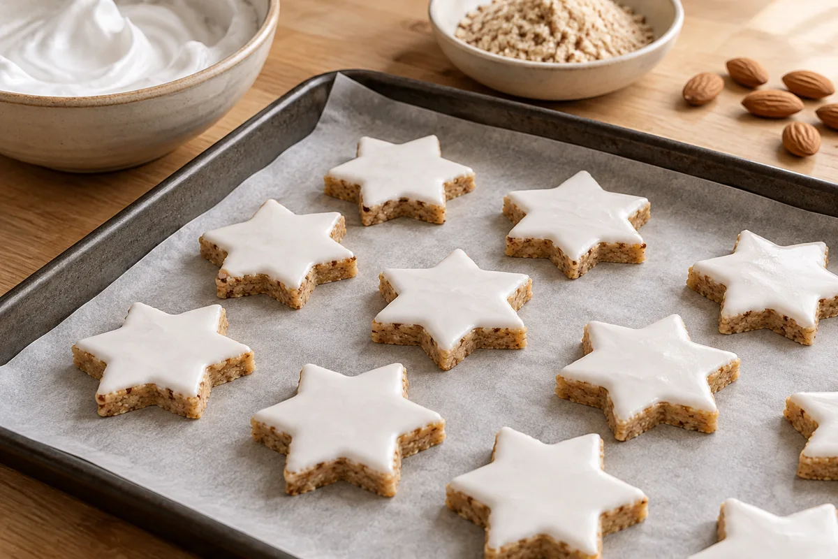 Estrellas Zimtsterne crudas cubiertas con una capa uniforme de merengue blanco
