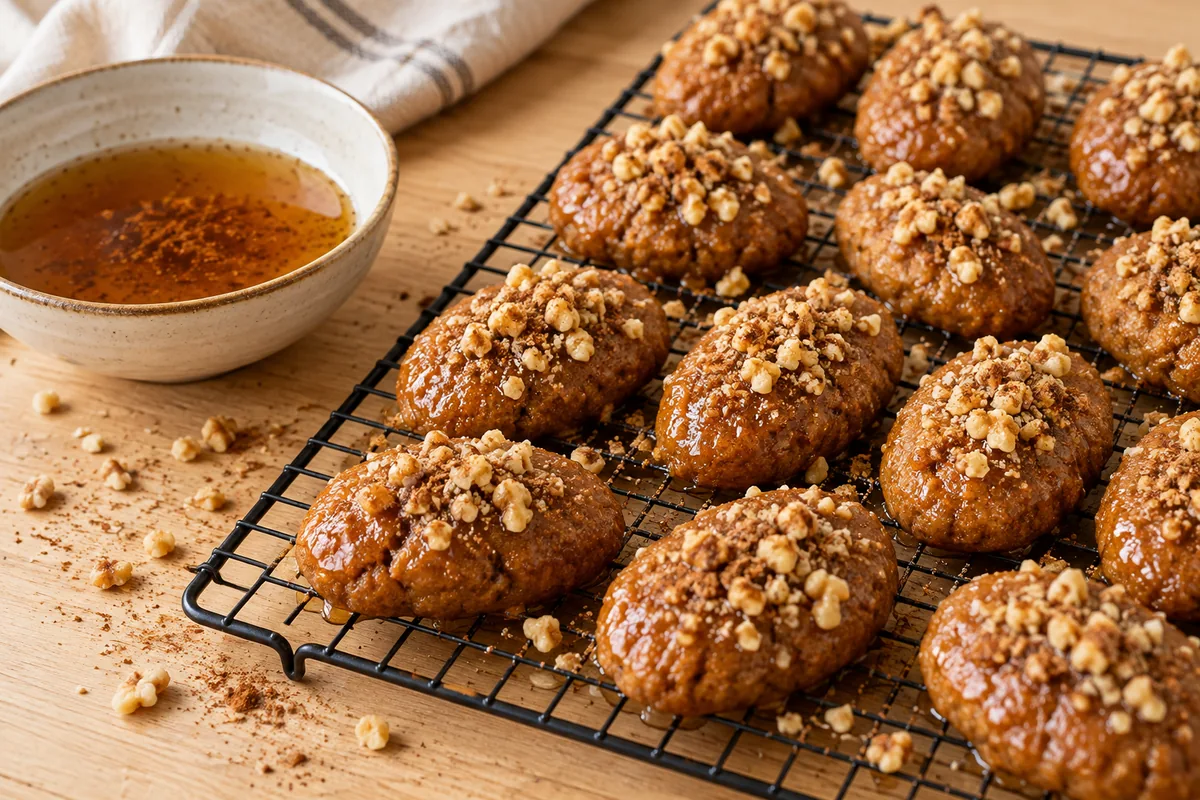 Melomakarona sin gluten bañados en miel y cubiertos con nueces sobre una rejilla