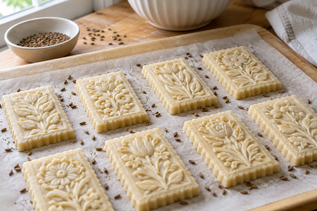 Galletas Springerle grabadas y crudas secándose sobre semillas de anís
