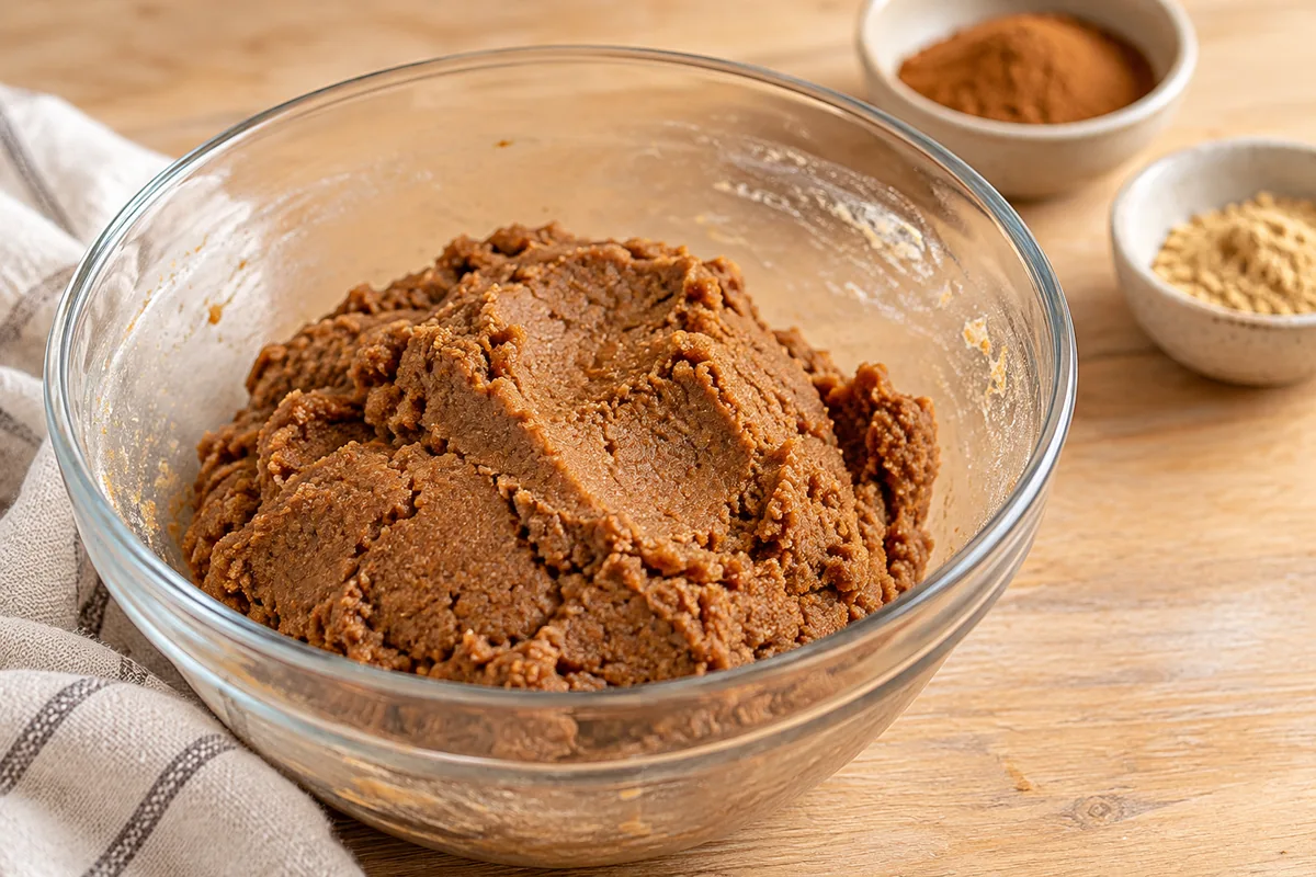 Masa marrón especiada de Kruidnoten sin gluten lista para reposar
