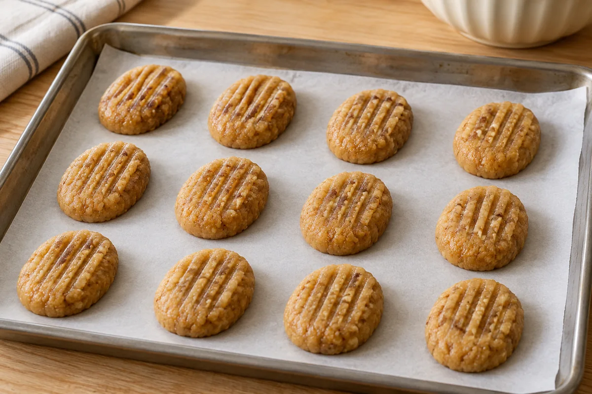 Melomakarona sin gluten crudos con forma ovalada y dibujo de tenedor