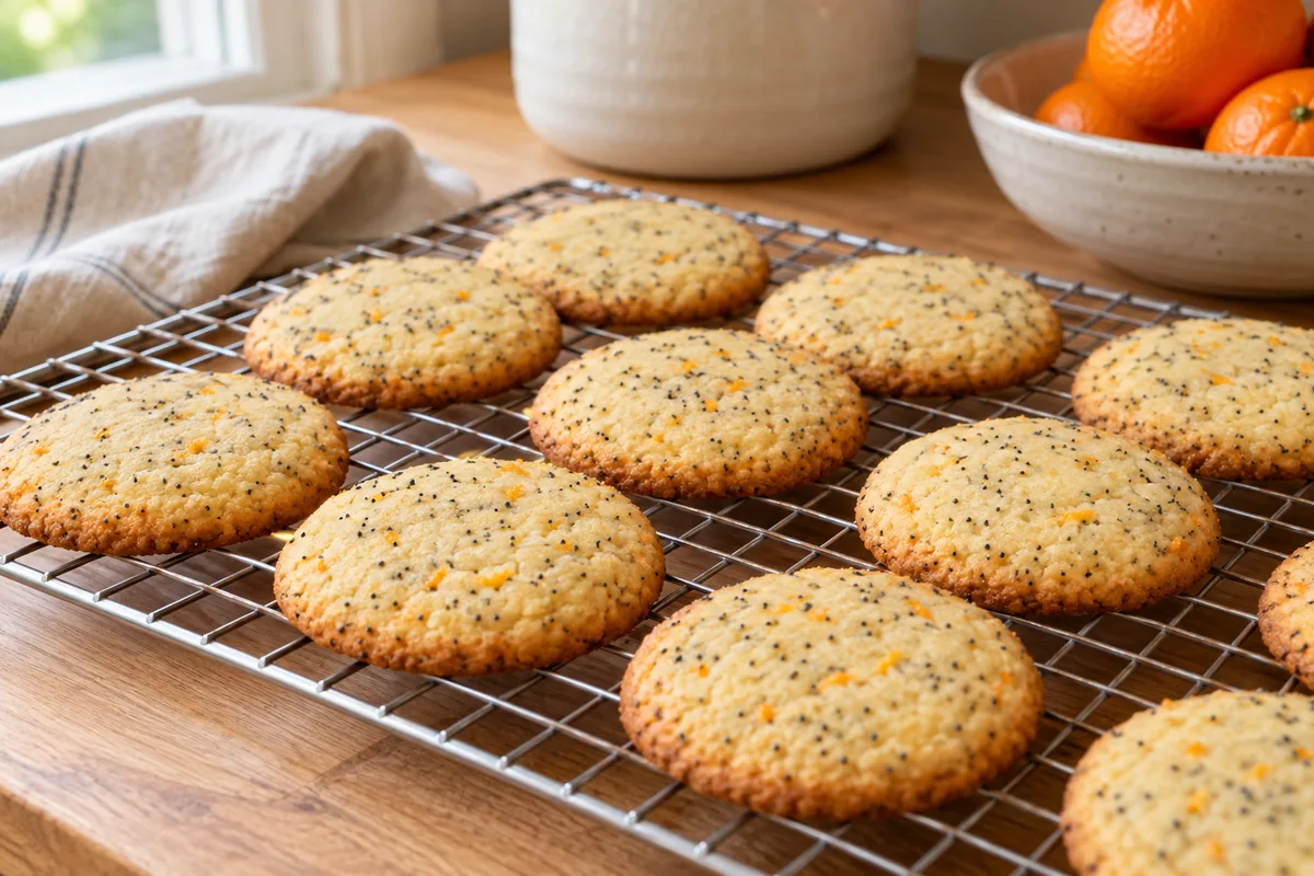 Galletas de mandarina y amapola con bordes dorados enfriándose en rejilla