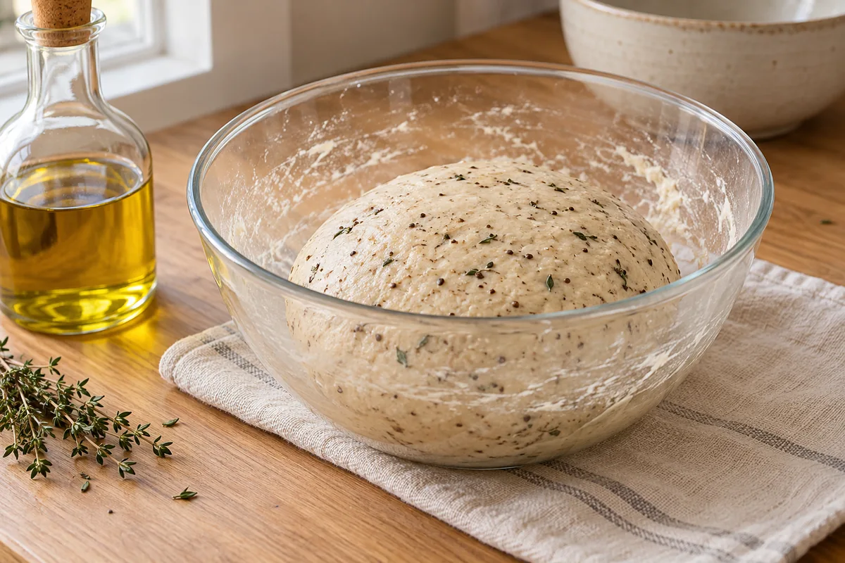 Masa salada de arroz con polvo de setas, tomillo y aceite de oliva