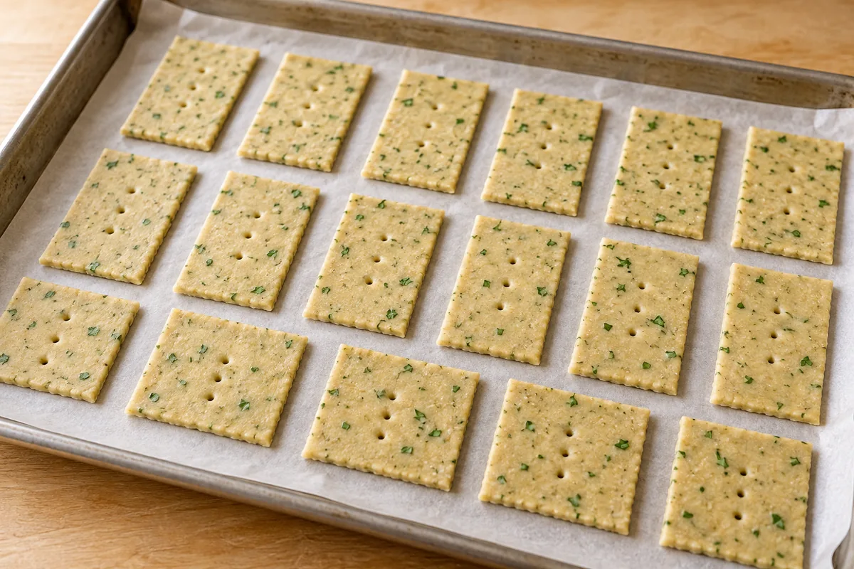 Crackers finos de arroz cortados y pinchados sobre papel de horno