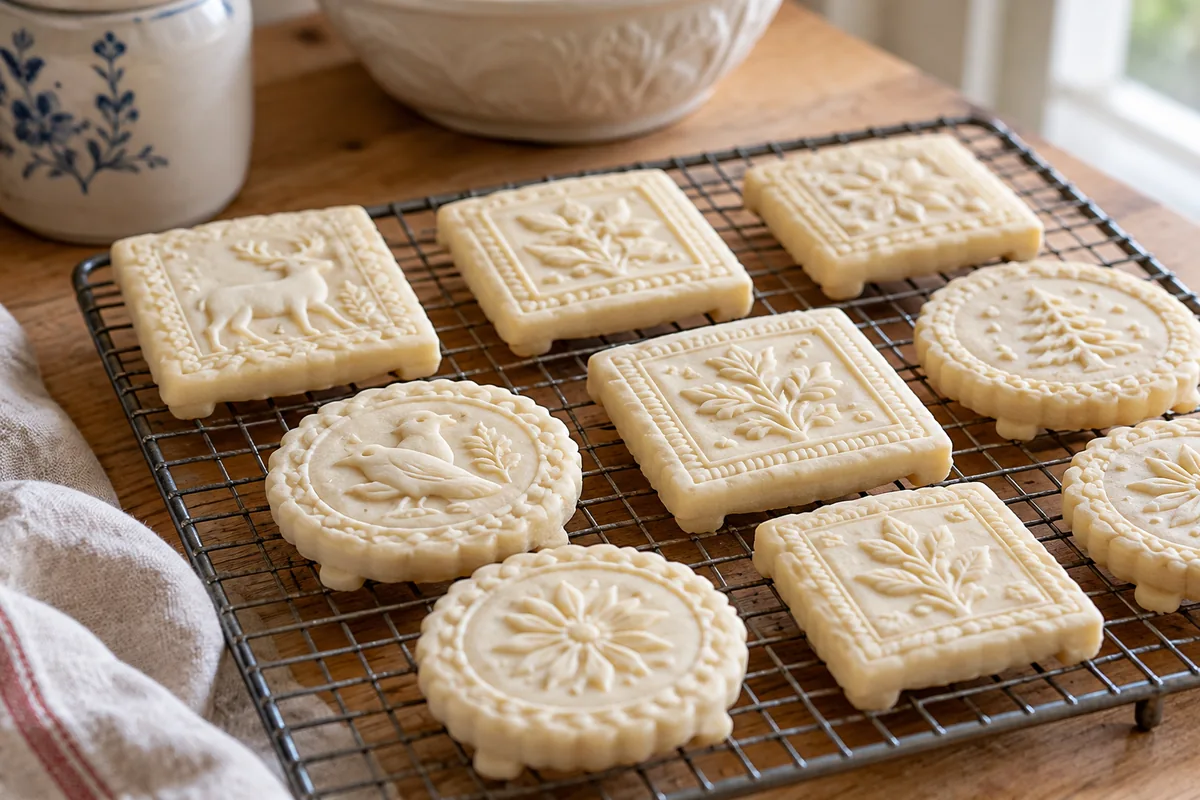 Springerle pálidas con relieve y pequeño pie enfriándose en rejilla