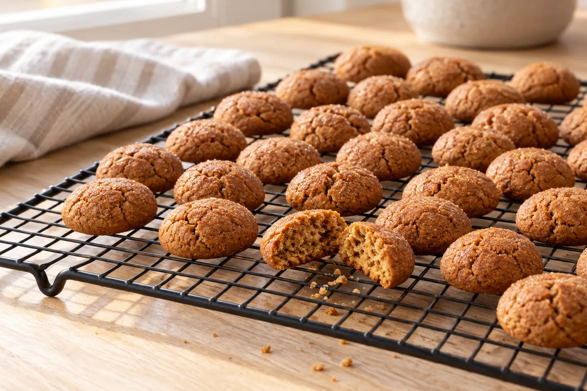 Kruidnoten sin gluten horneados y crujientes enfriándose en una rejilla
