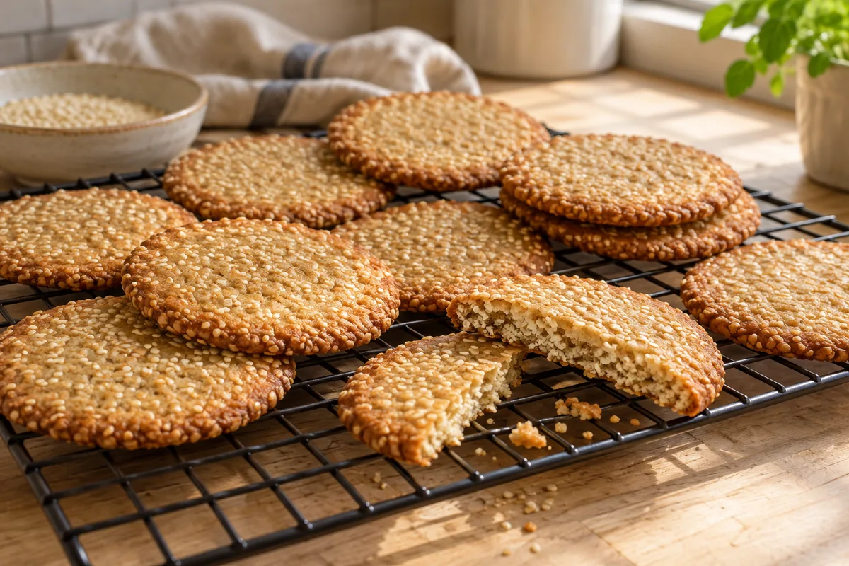Galletas dulces de sésamo doradas enfriándose sobre una rejilla