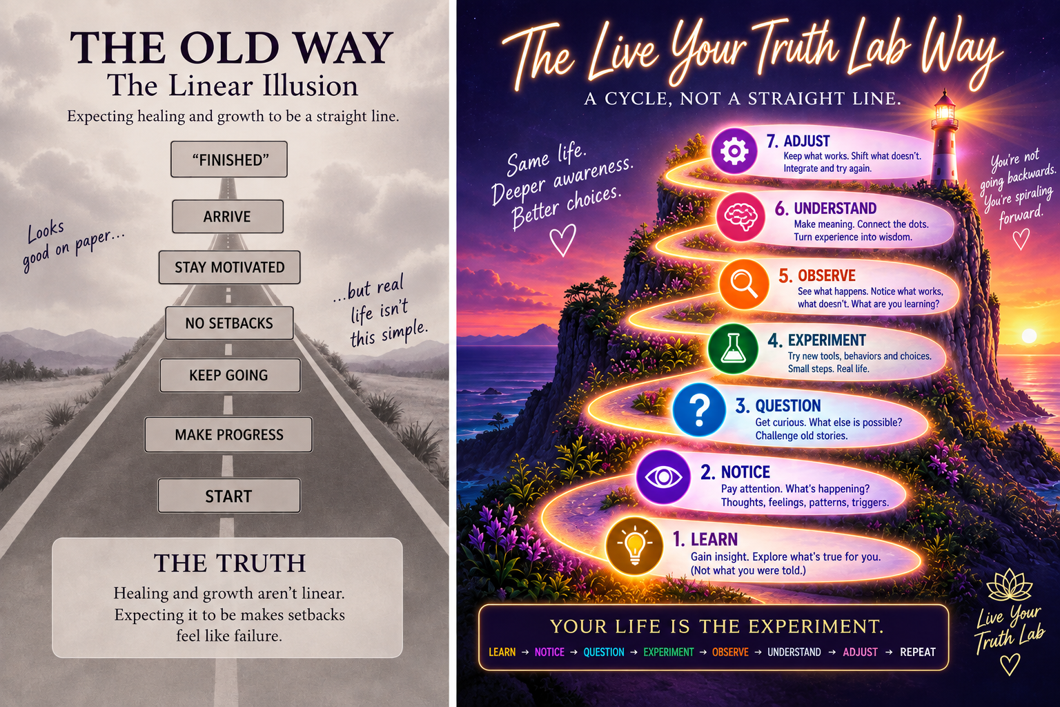 The old way compared with the Live Your Truth Lab way