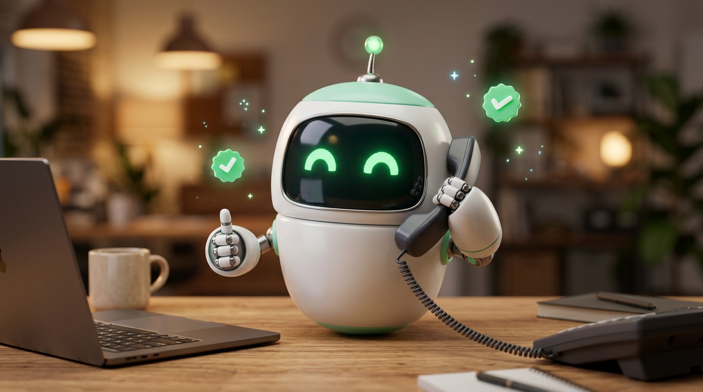Illustration: a small white-and-mint robot assistant on a desk, happily answering a phone call with a thumbs up