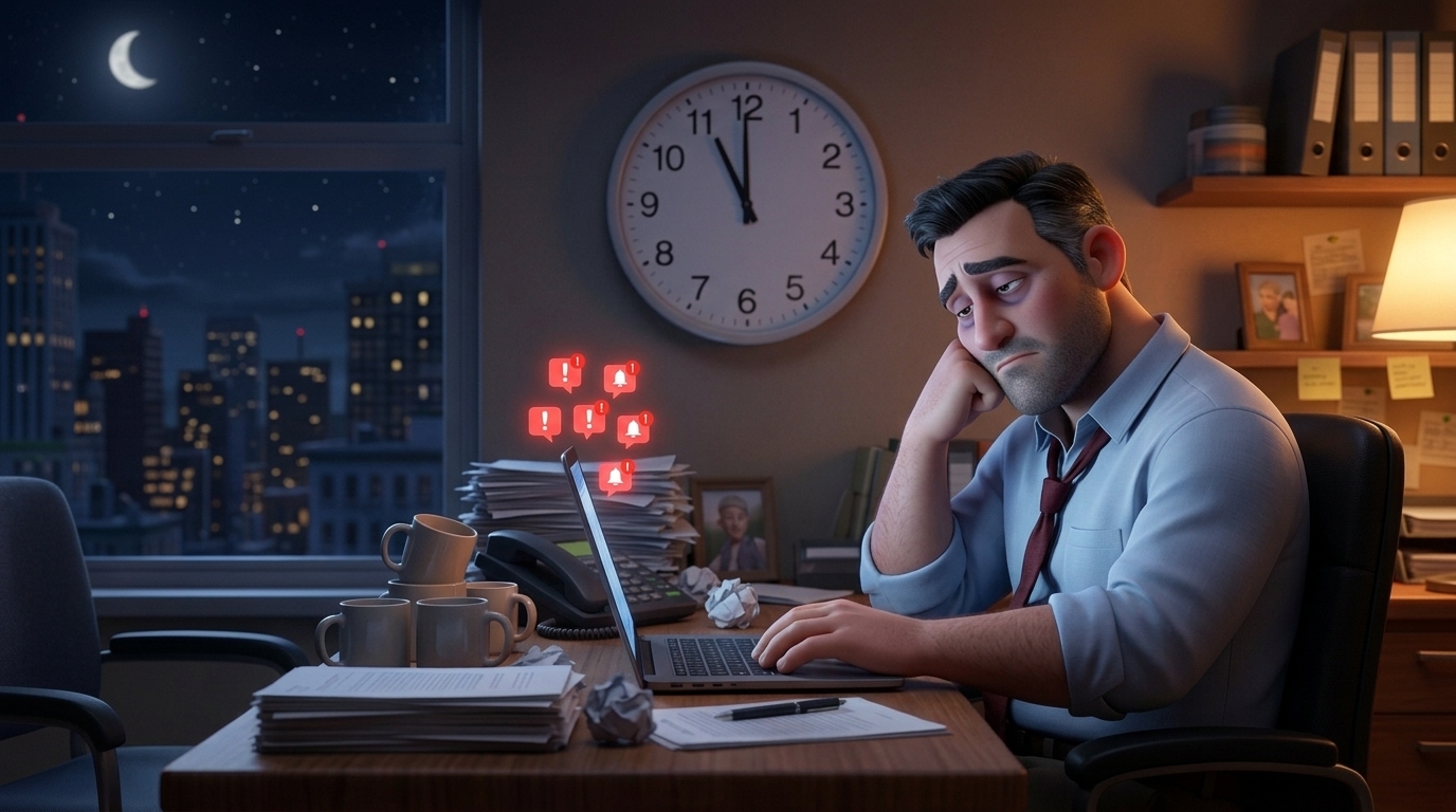 Illustration: the owner slumped at his desk at 11 PM under a desk lamp
