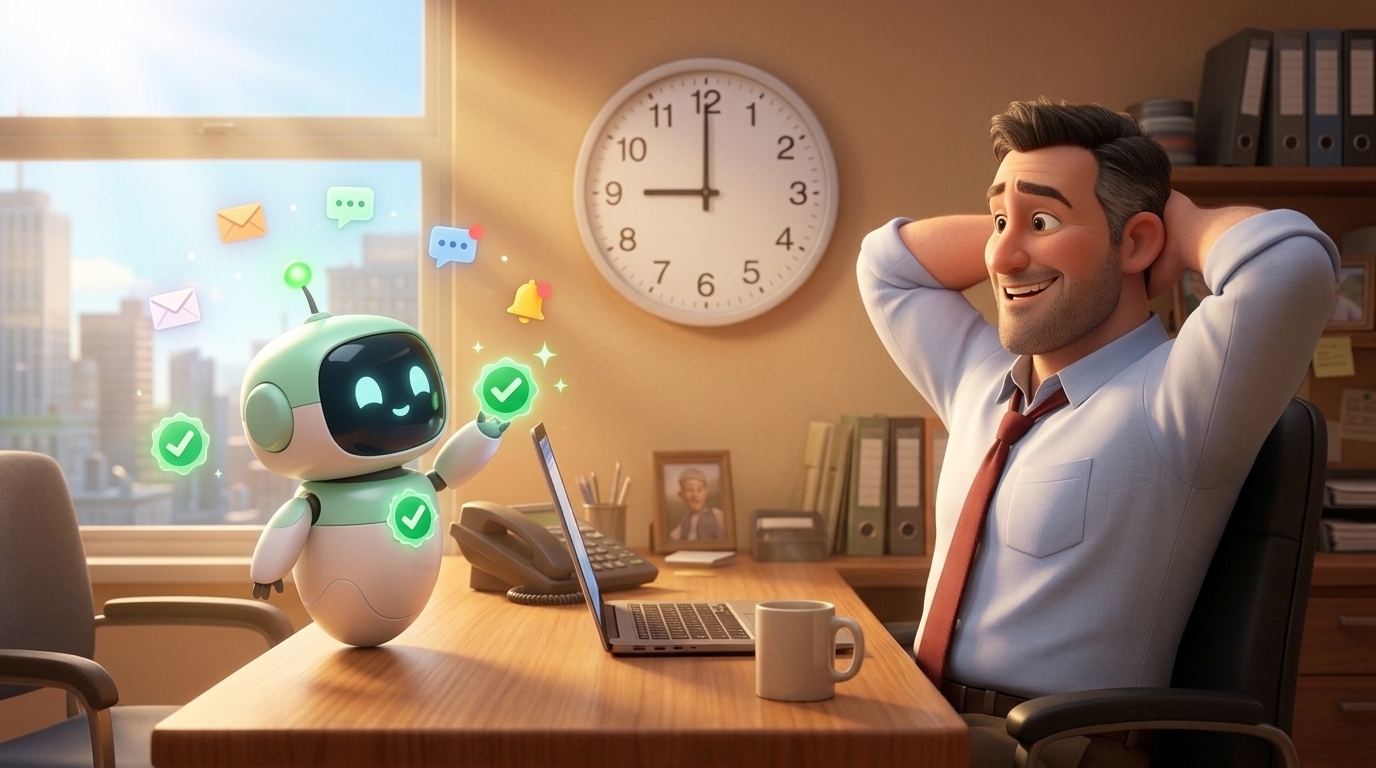 Illustration: the owner relaxed in his chair while a small robot assistant turns alerts into green checkmarks
