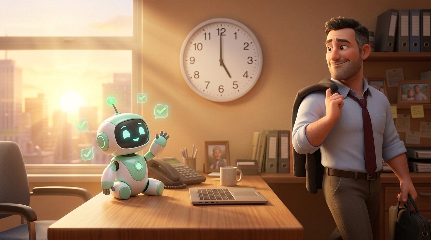 Illustration: the owner leaving the office at 5 PM with his jacket over his shoulder while the robot waves from the desk