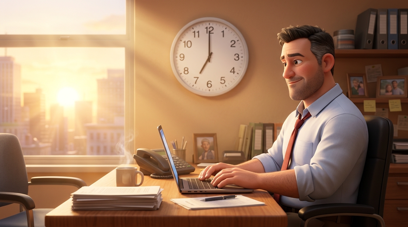 Illustration: a business owner at his desk at 7 AM, fresh and optimistic