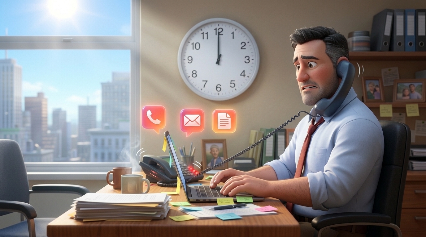Illustration: the owner at noon with the phone on his shoulder and alerts piling up