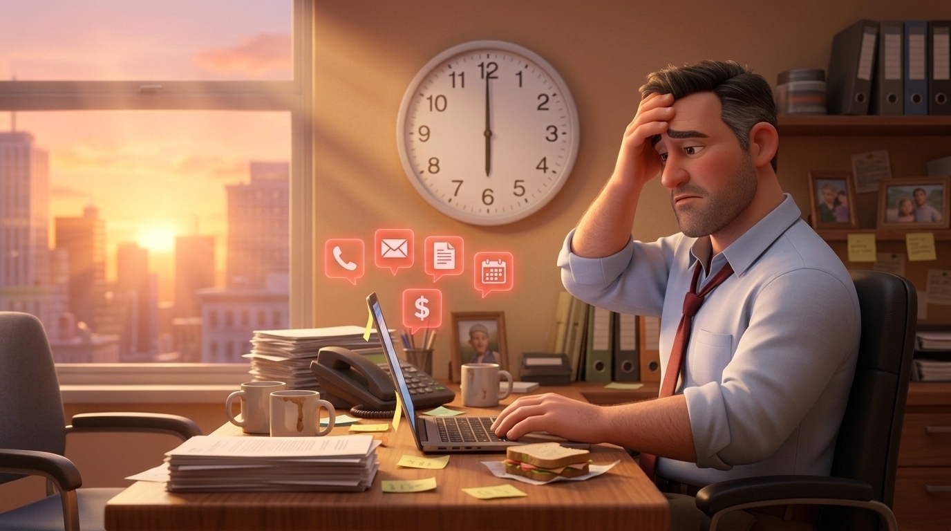 Illustration: the owner at 6 PM, tie loose, rubbing his forehead as alerts multiply