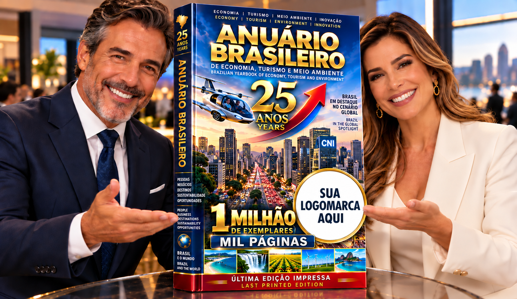 Anuário Brasileiro com duas pessoas segurando o livro