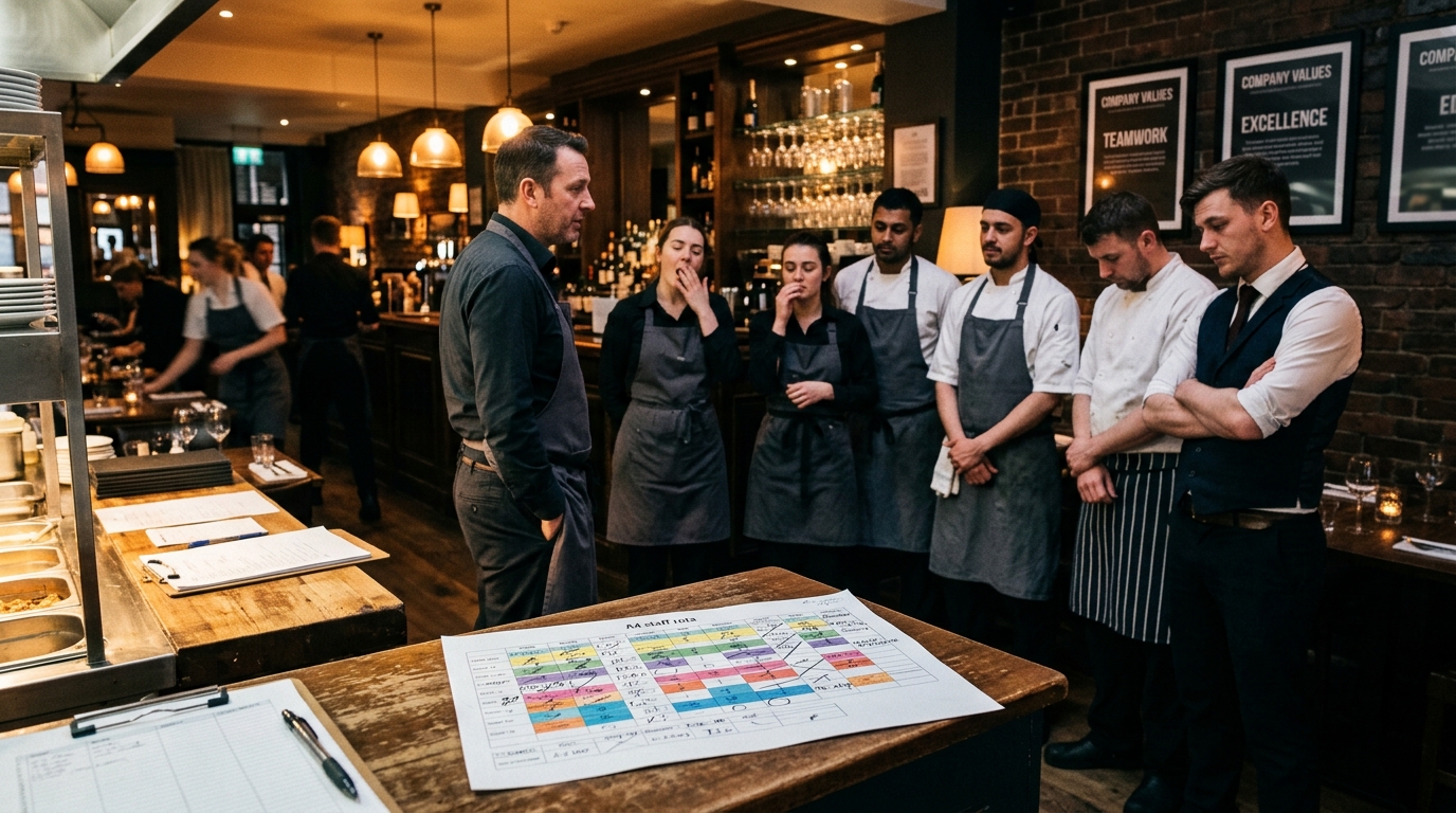 A hospitality team gathers for a pre-shift briefing while a staff rota sits in the foreground